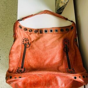 Distressed Vegan Leather Moto Grommet Handbag